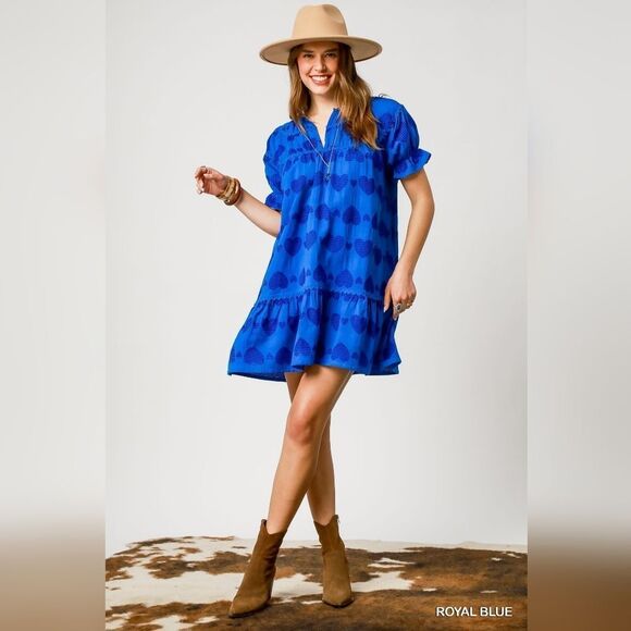 Umgee USA Hearts  Short Sleeve Ruffle Babydoll Dress Deep Blue Sz L [10-12] - Picture 1 of 7